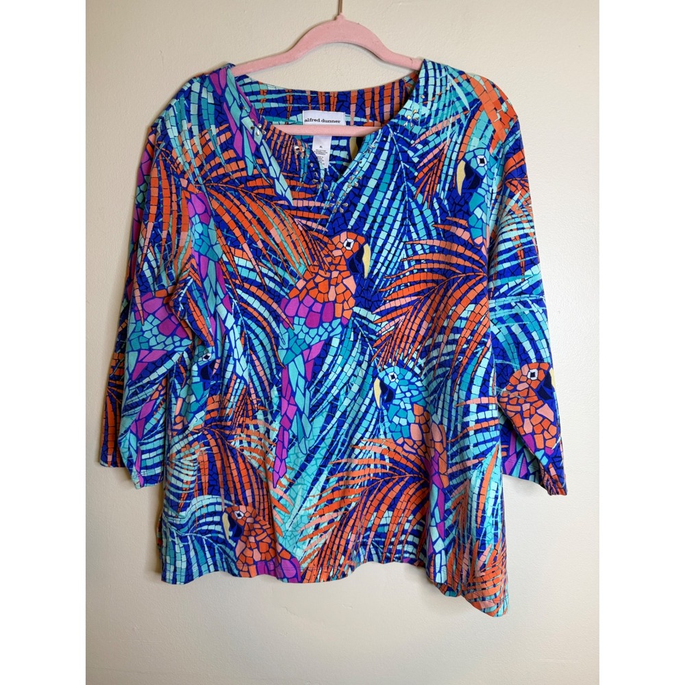Alfred Dunner Womens XL Tropical Bird Mosaic Print Studded Split Neck Top Blue